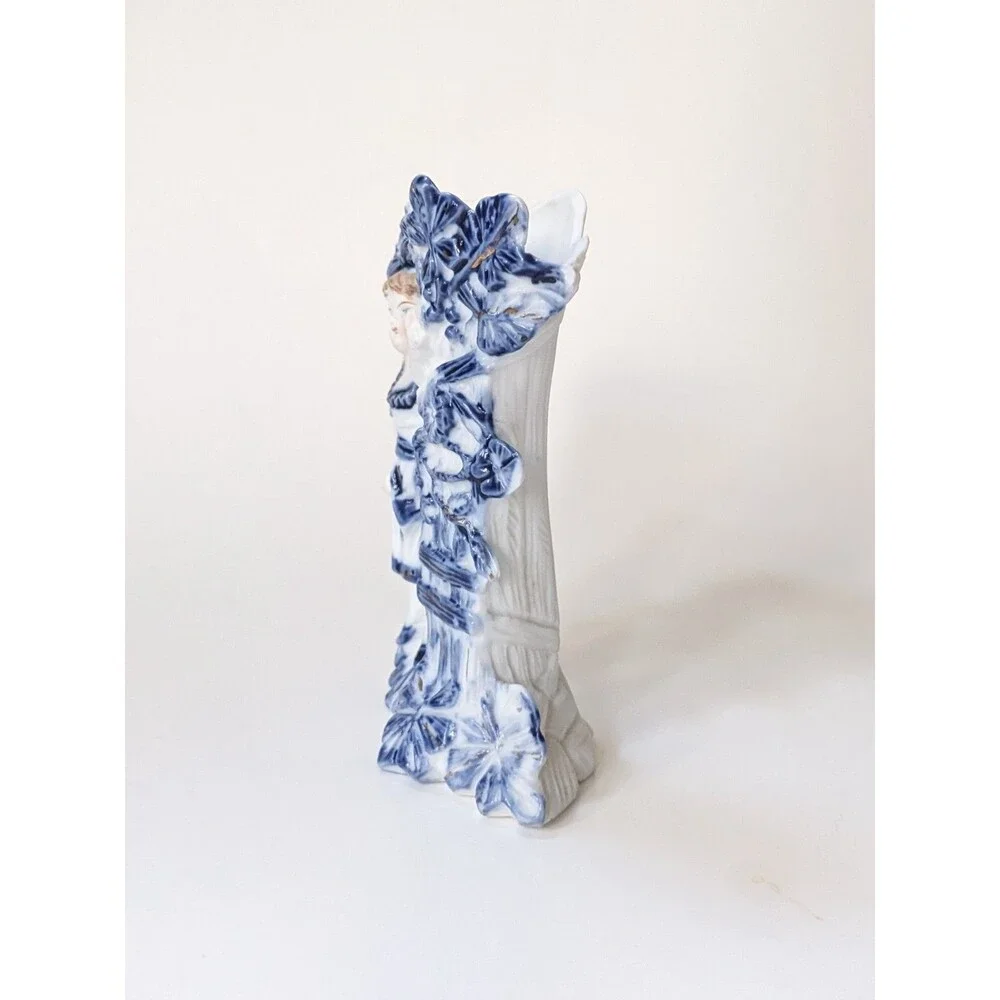 Antique German Mantel Vases Pair Boy Girl Blue White Porcelain Figurines‎ c1900
